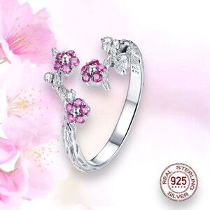 NWT Flower Ring S925 Sterling Silver Pink CZ Cherry Blossom Open Adjustable